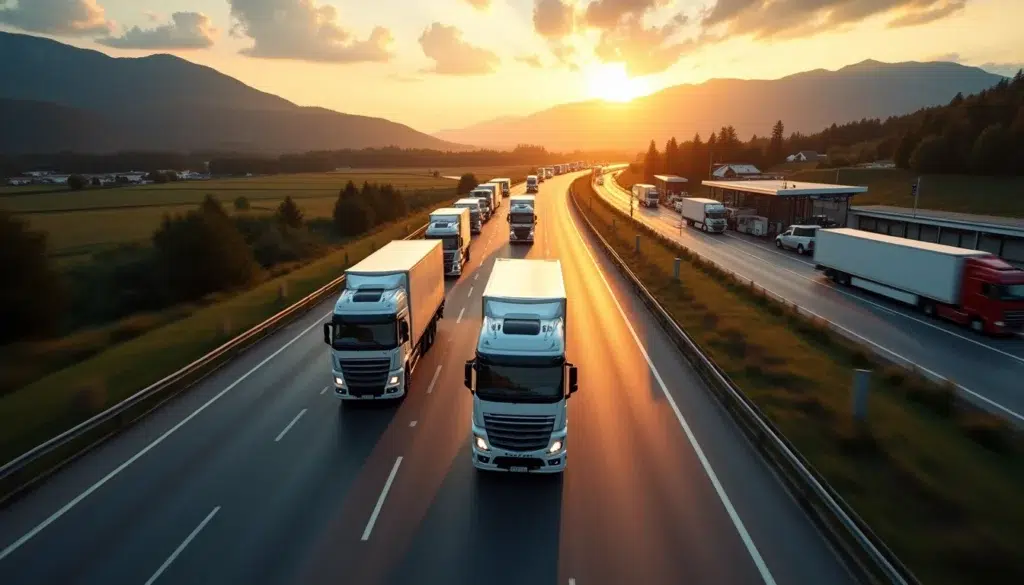 Autostradă la apus de soare cu camioane de marfă circulând pe mai multe benzi. În fundal se văd munți înalți, iar cerul este colorat în nuanțe de portocaliu și galben.