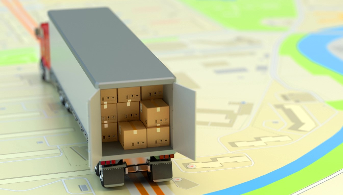 Ilustrație cu camion de marfă care circulă pe o hartă digitală, cu ușa deschisă arătând cutii ambalate pentru livrare în Europa Centrală