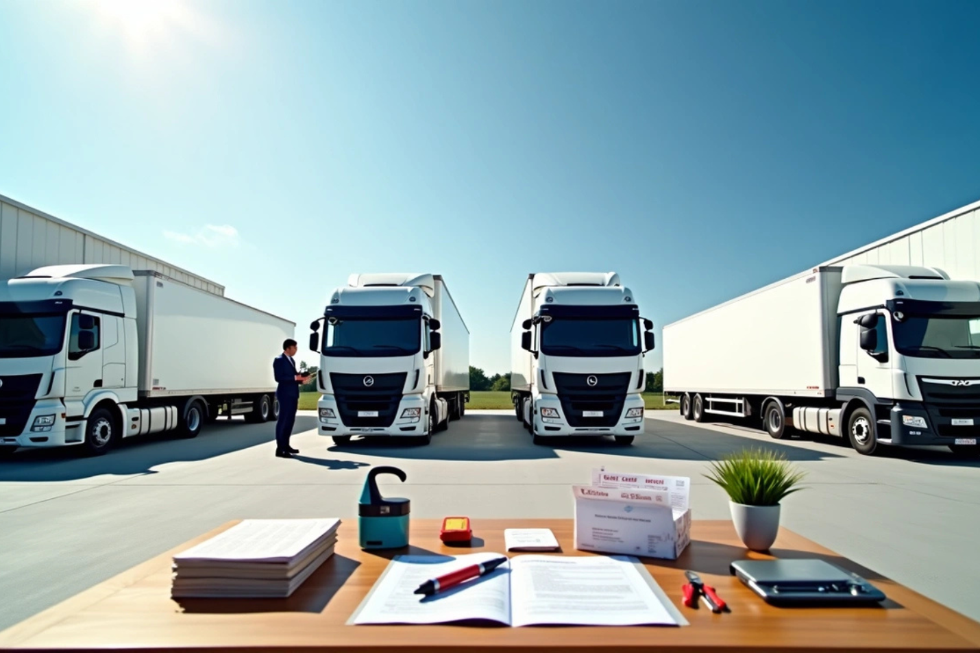 Camioane aliniate în curtea unei companii de transport, cu documente de ofertare și contracte pe o masă, ilustrând procesul de negociere și stabilire a tarifelor.